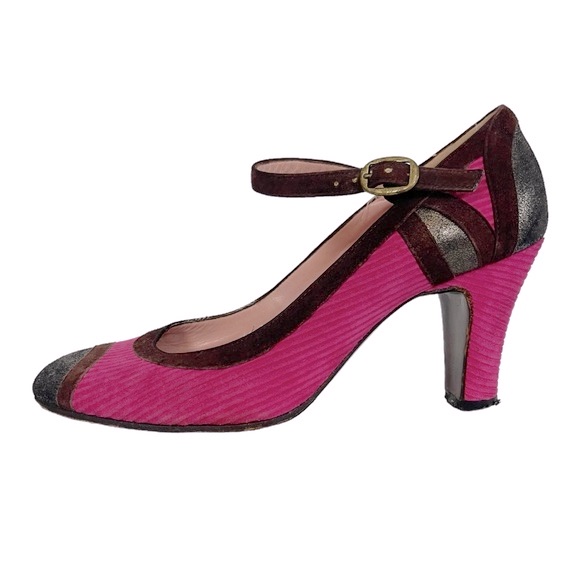 Marc Jacobs Collection Corduroy Magenta Suede Metallic Leather Mary Jane Heel